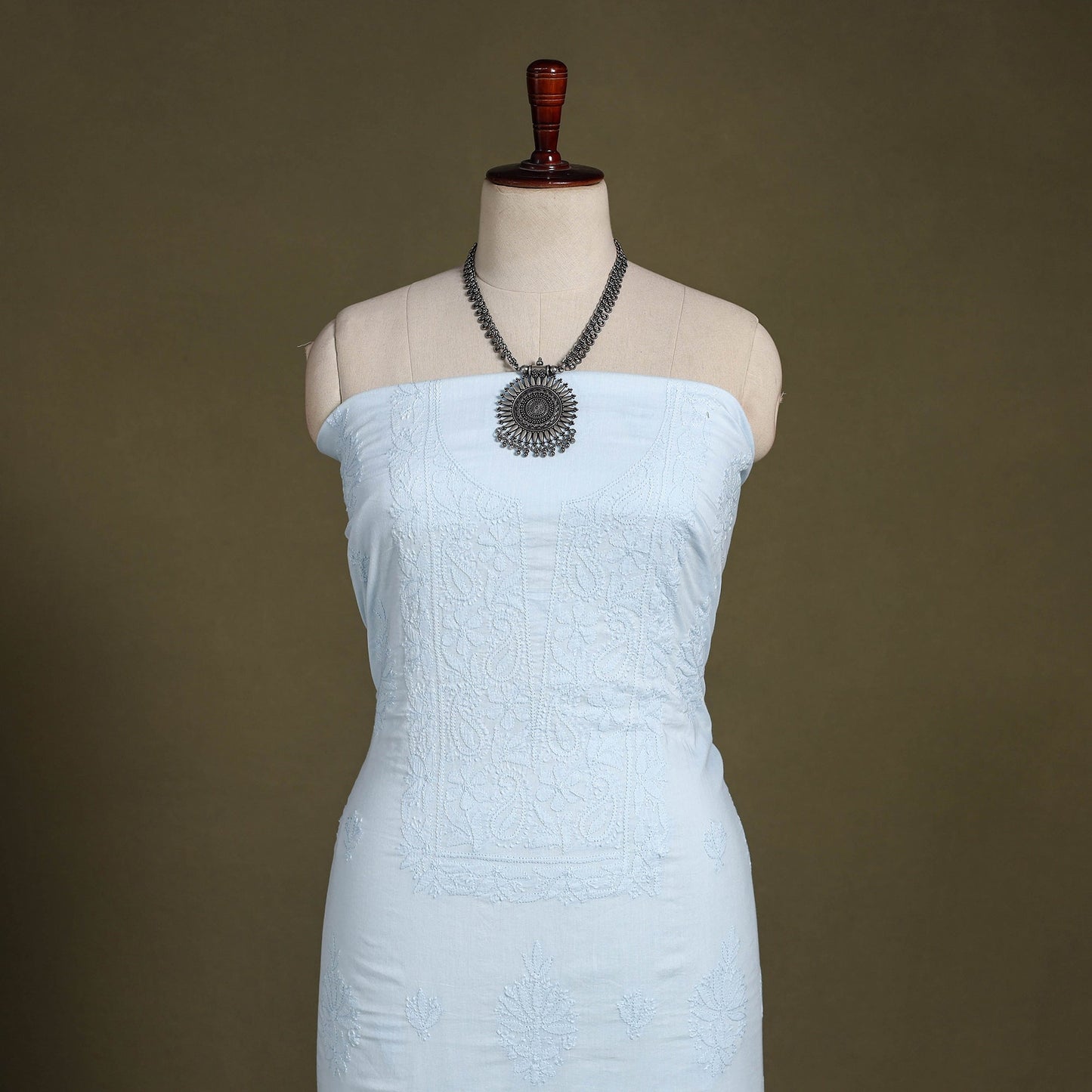 Blue Hand Embroidery Mul Cotton Chikankari Kurta Material