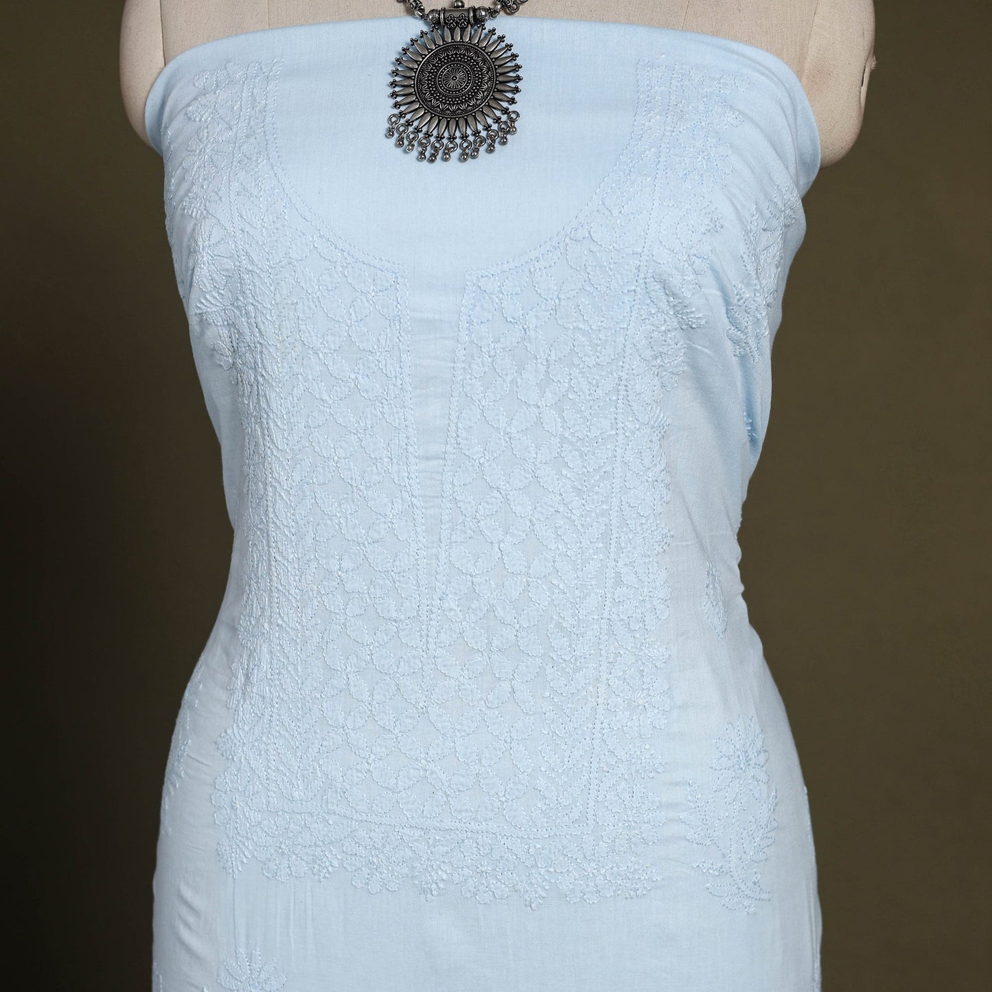 Blue Hand Embroidery Mul Cotton Chikankari Kurta Material