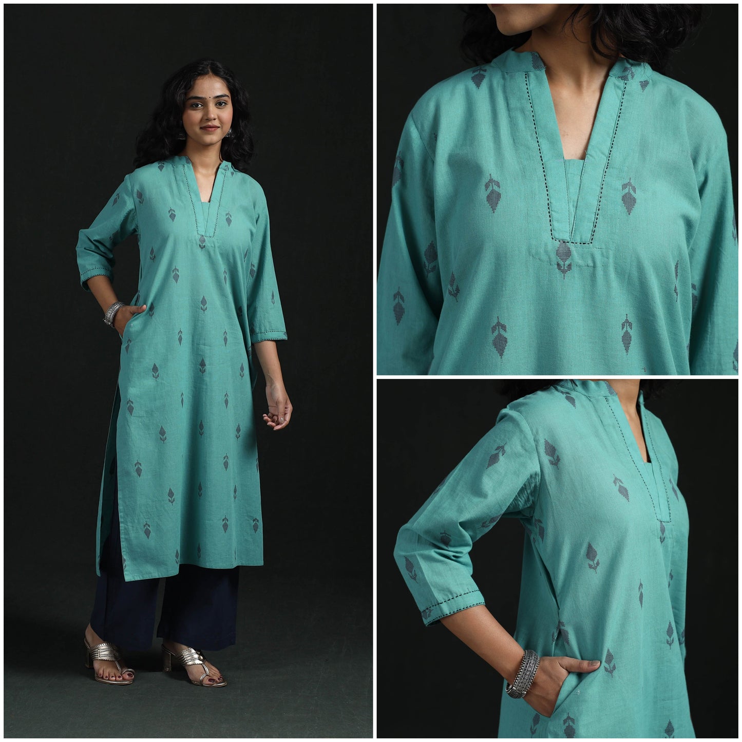 Hand embroidery straight cotton jacquard kurta for women 07