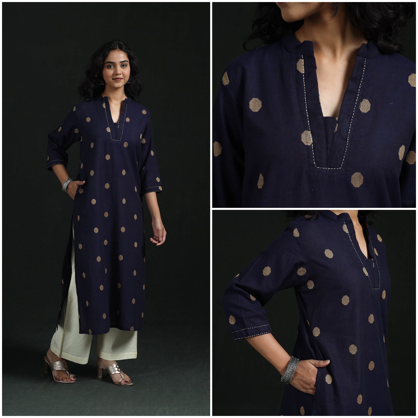 Hand embroidery straight cotton jacquard kurta for women 10
