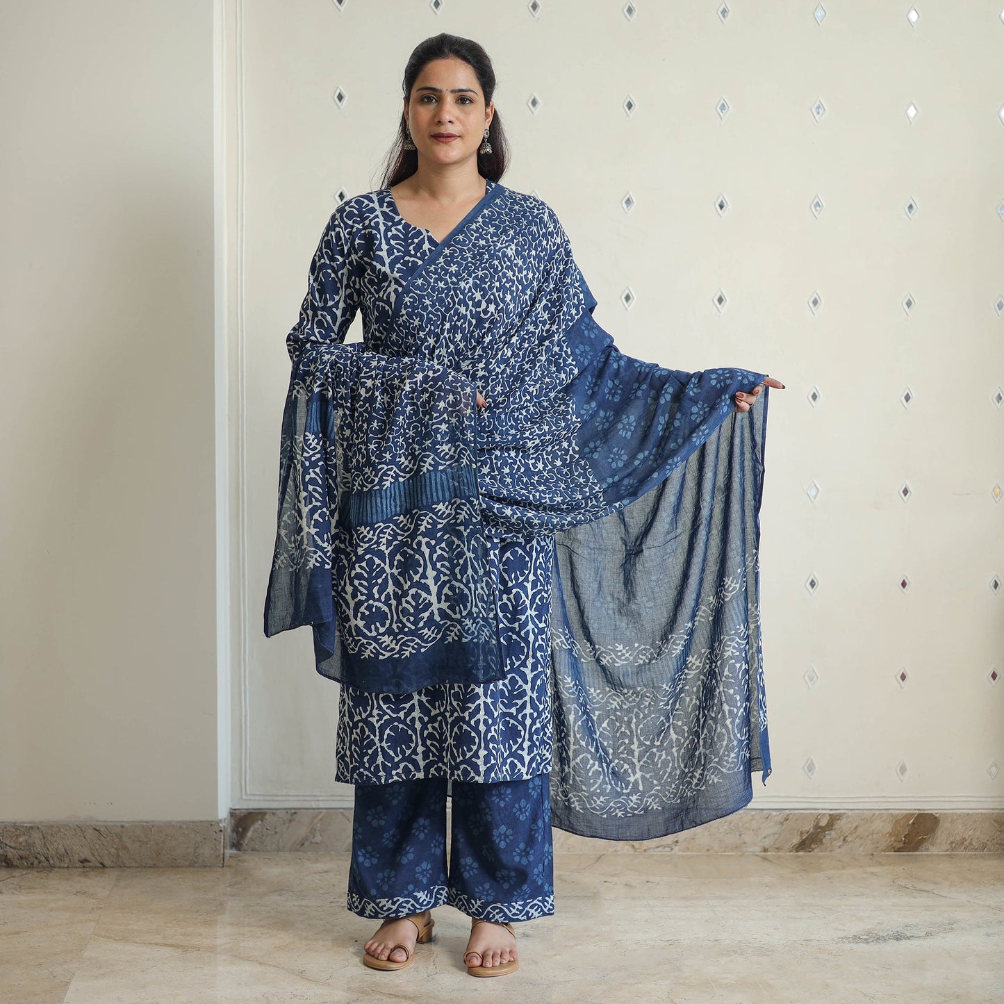  Indigo Bagru Hand Block Print Kurta, Palazzo & Dupatta Set 