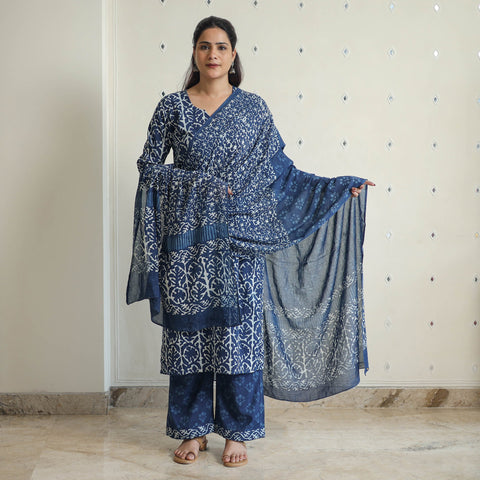  Indigo Bagru Hand Block Print Kurta, Palazzo & Dupatta Set 