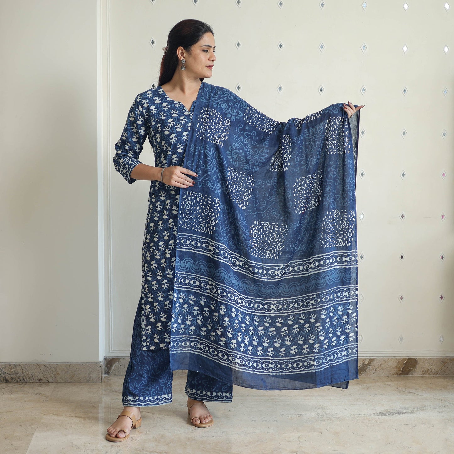Buy Indigo Bagru Hand Block Print Kurta, Palazzo & Dupatta Set 