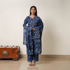  Indigo Bagru Hand Block Print Kurta, Palazzo & Dupatta Set 