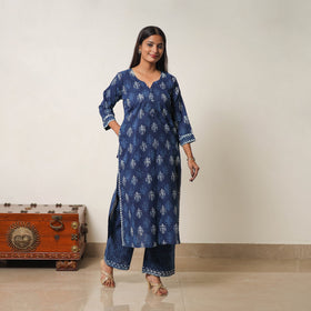  Indigo Bagru Hand Block Print Kurta, Palazzo & Dupatta Set 