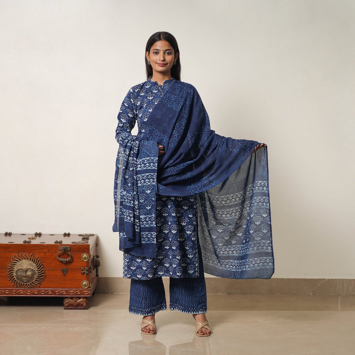 Indigo Bagru Hand Block Print Kurta, Palazzo & Dupatta Set 