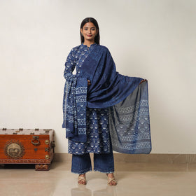  Indigo Bagru Hand Block Print Kurta, Palazzo & Dupatta Set 