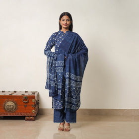  Indigo Bagru Hand Block Print Kurta, Palazzo & Dupatta Set 