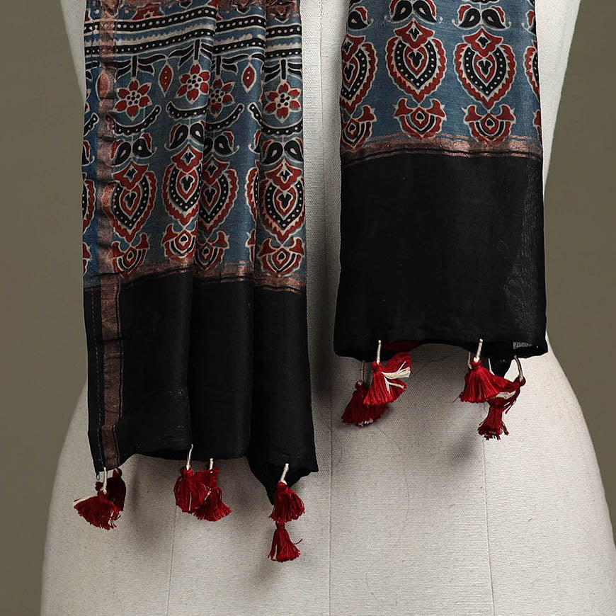 Hand natural dyed chanderi silk stole with tassels 06