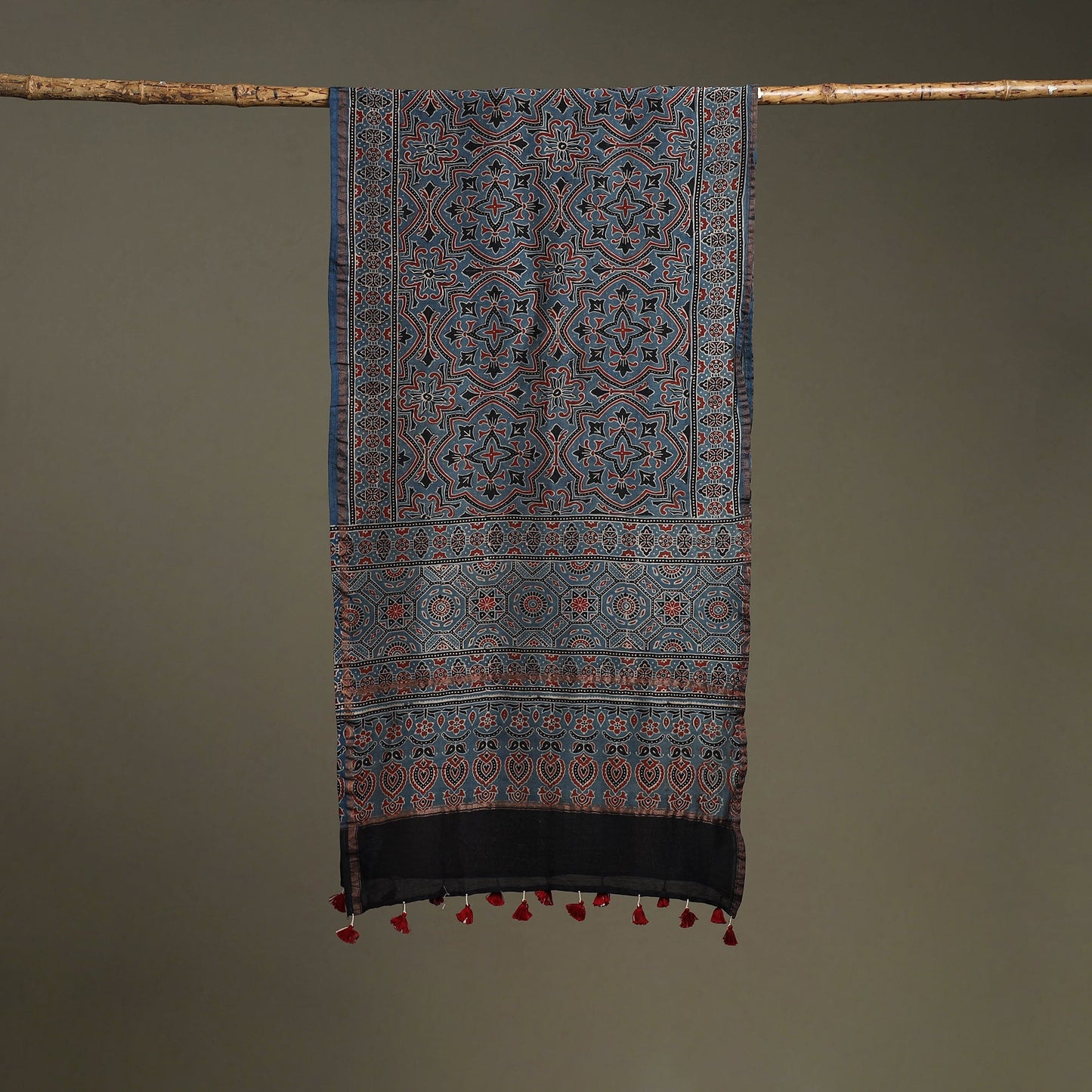 Hand natural dyed chanderi silk stole with tassels 06
