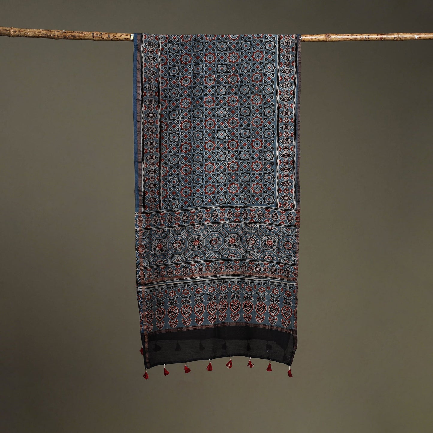 Hand natural dyed chanderi silk stole with tassels 08