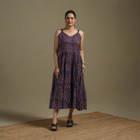 Hand natural dyed cotton tiered bagru dress 08 - handcrafted