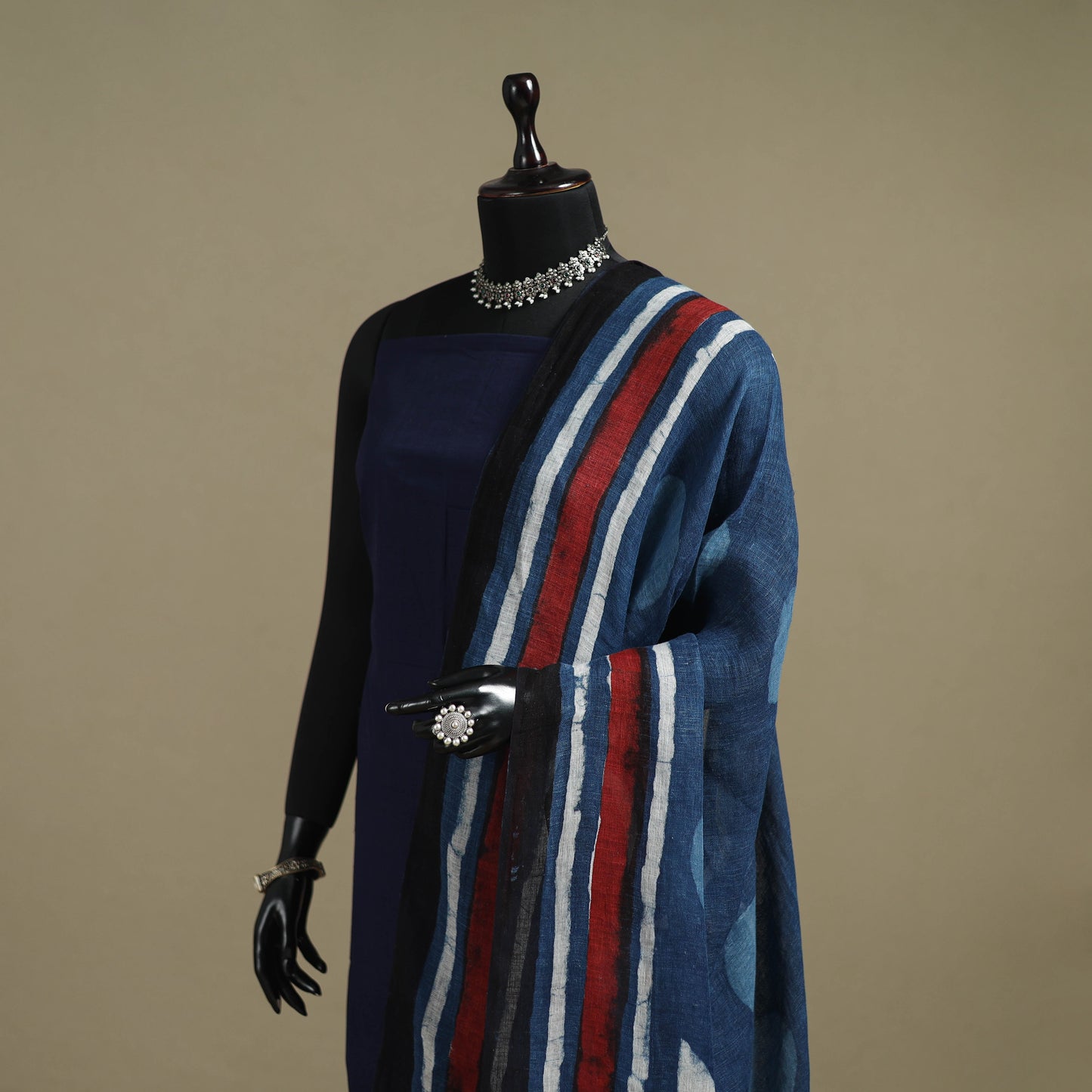 Hand natural dyed linen dupatta with tassels 12