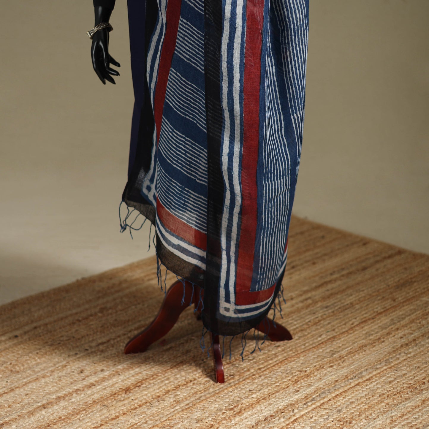 Hand natural dyed linen dupatta with tassels 14