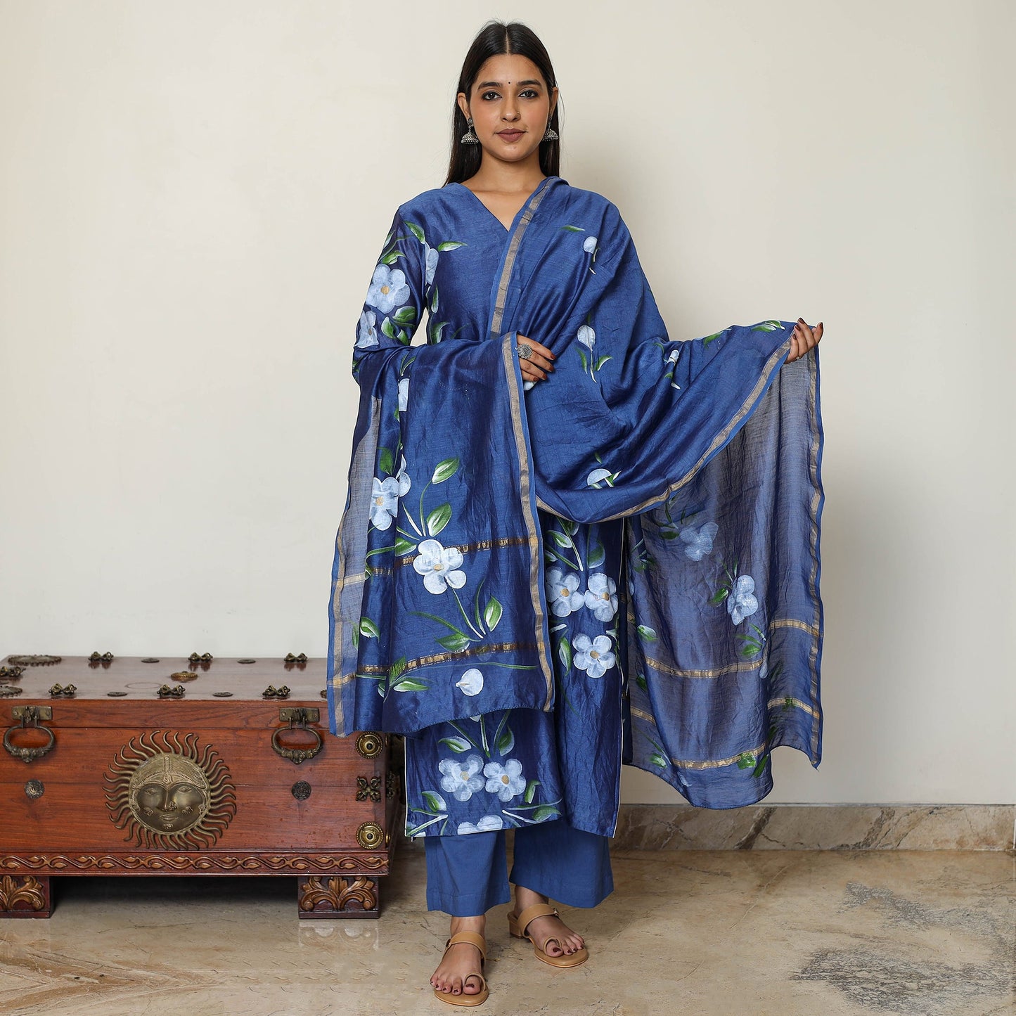 Buy Hand Painted Chanderi Silk Kurta with Palazzo & Dupatta Set 05 Online at iTokri.com