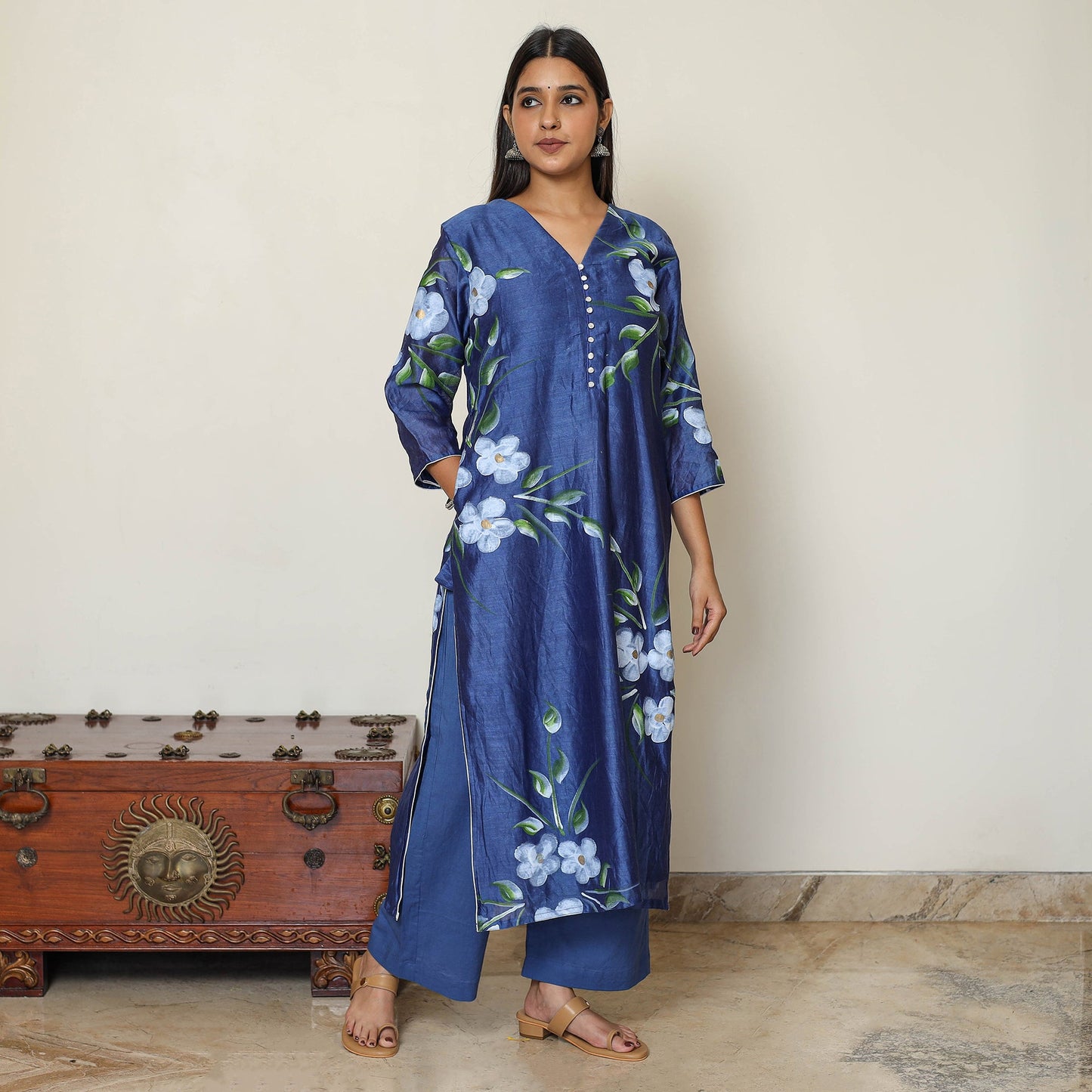 Buy Hand Painted Chanderi Silk Kurta with Palazzo & Dupatta Set 05 Online at iTokri.com