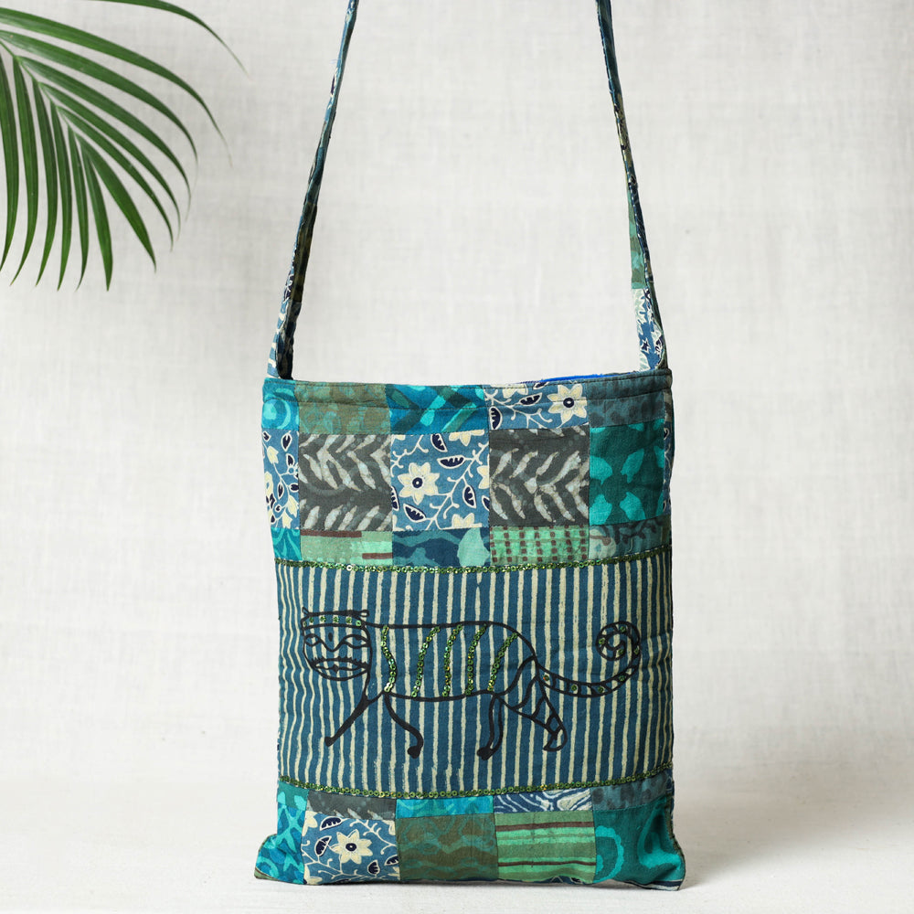 Blue Hand Block Print Patchwork Cotton Sling Bag