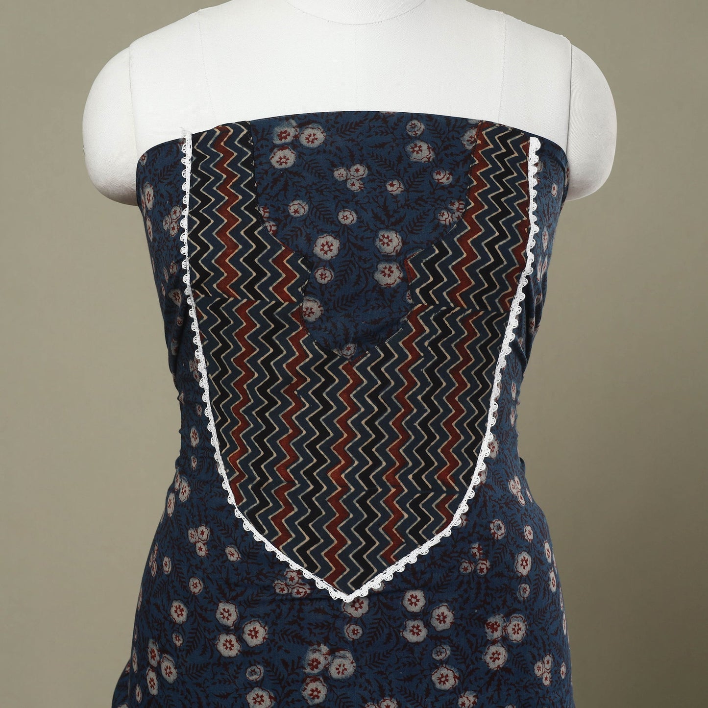 Buy Blue Hand Block Print Patchwork Cotton Kurta Material