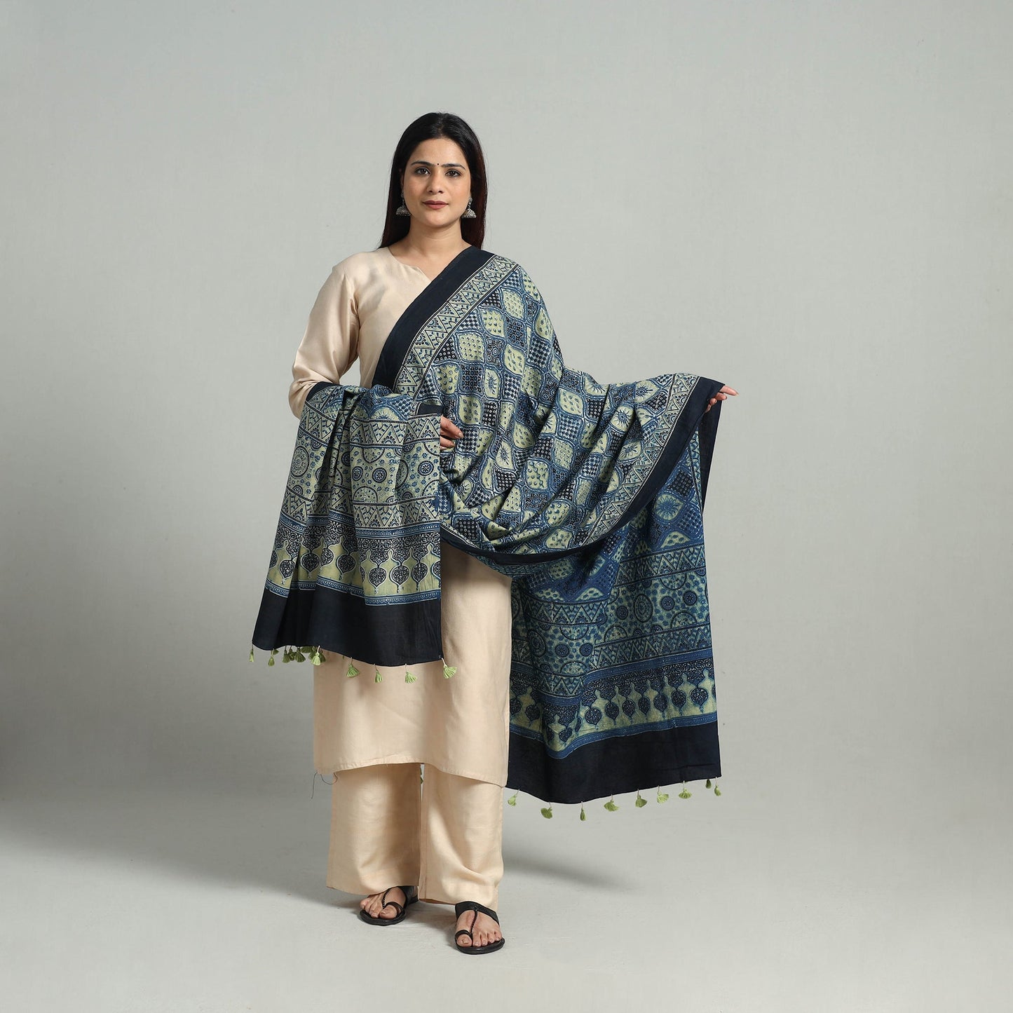 Buy Blue Hand Block Printed Cotton Ajrakh Dupatta Online