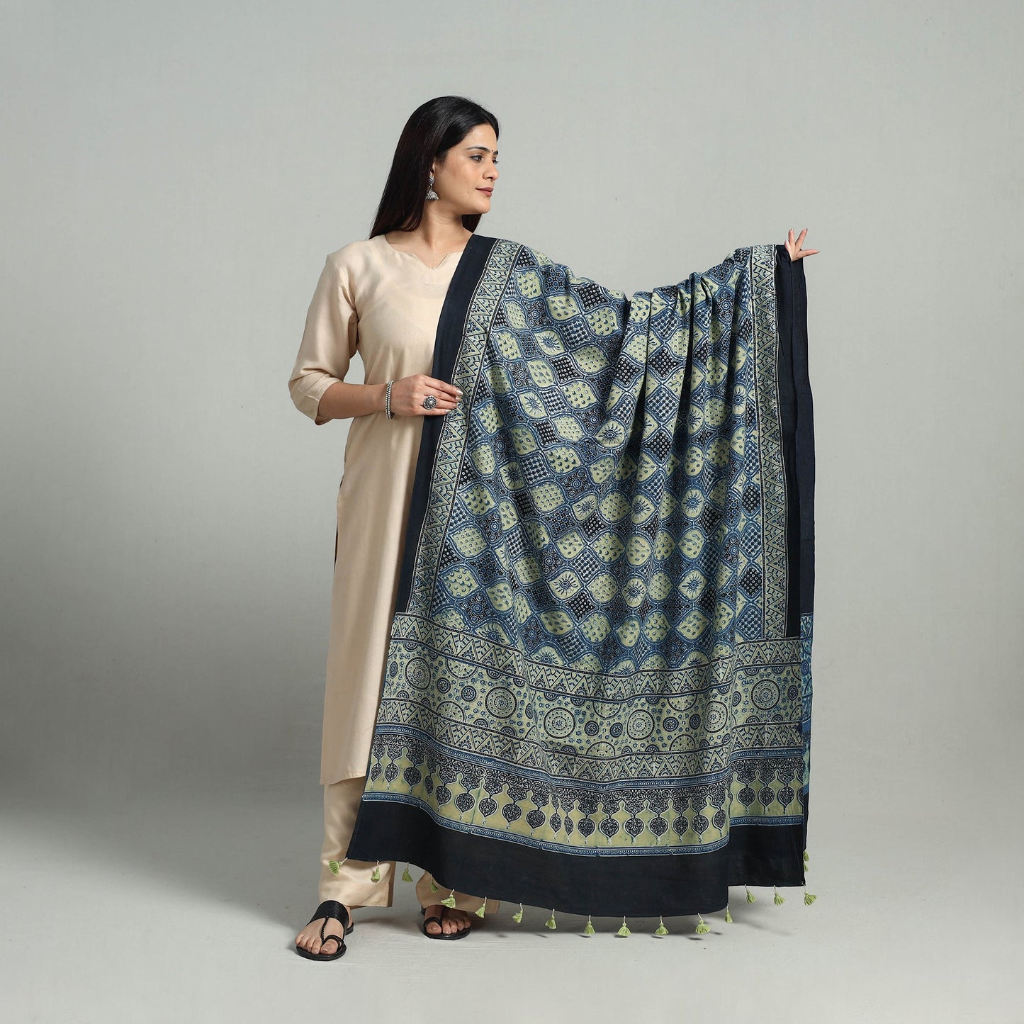 Buy Blue Hand Block Printed Cotton Ajrakh Dupatta Online