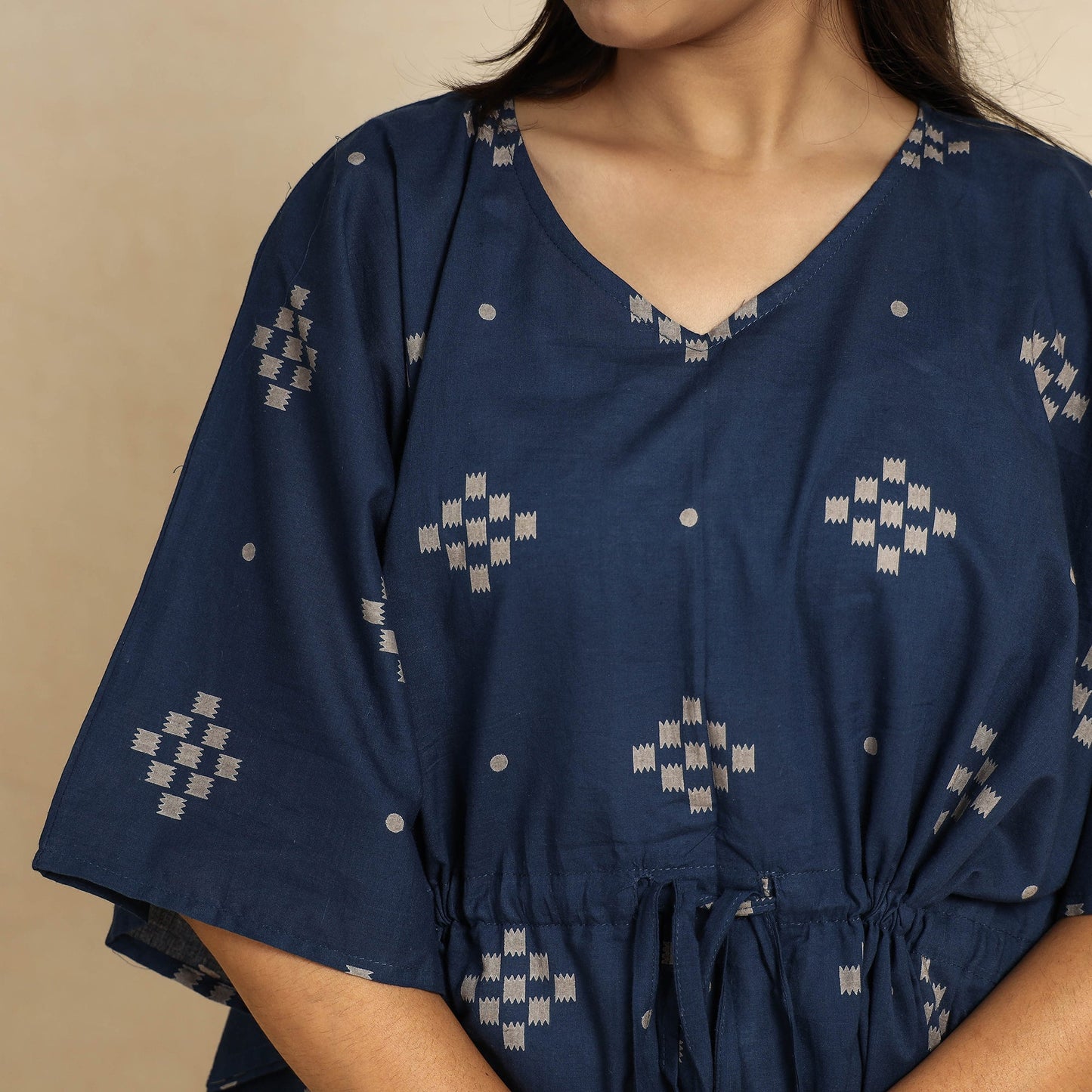 Blue Hand Printed Cotton Kaftan & Pyjama Night Suit Set 
