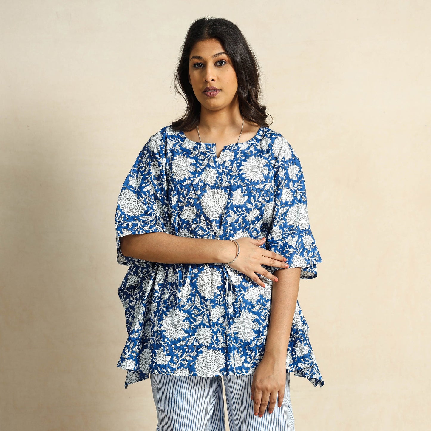 Blue Hand Block Printed Cotton Kaftan & Pyjama Night Suit Set 