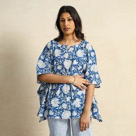 Blue Hand Block Printed Cotton Kaftan & Pyjama Night Suit Set 
