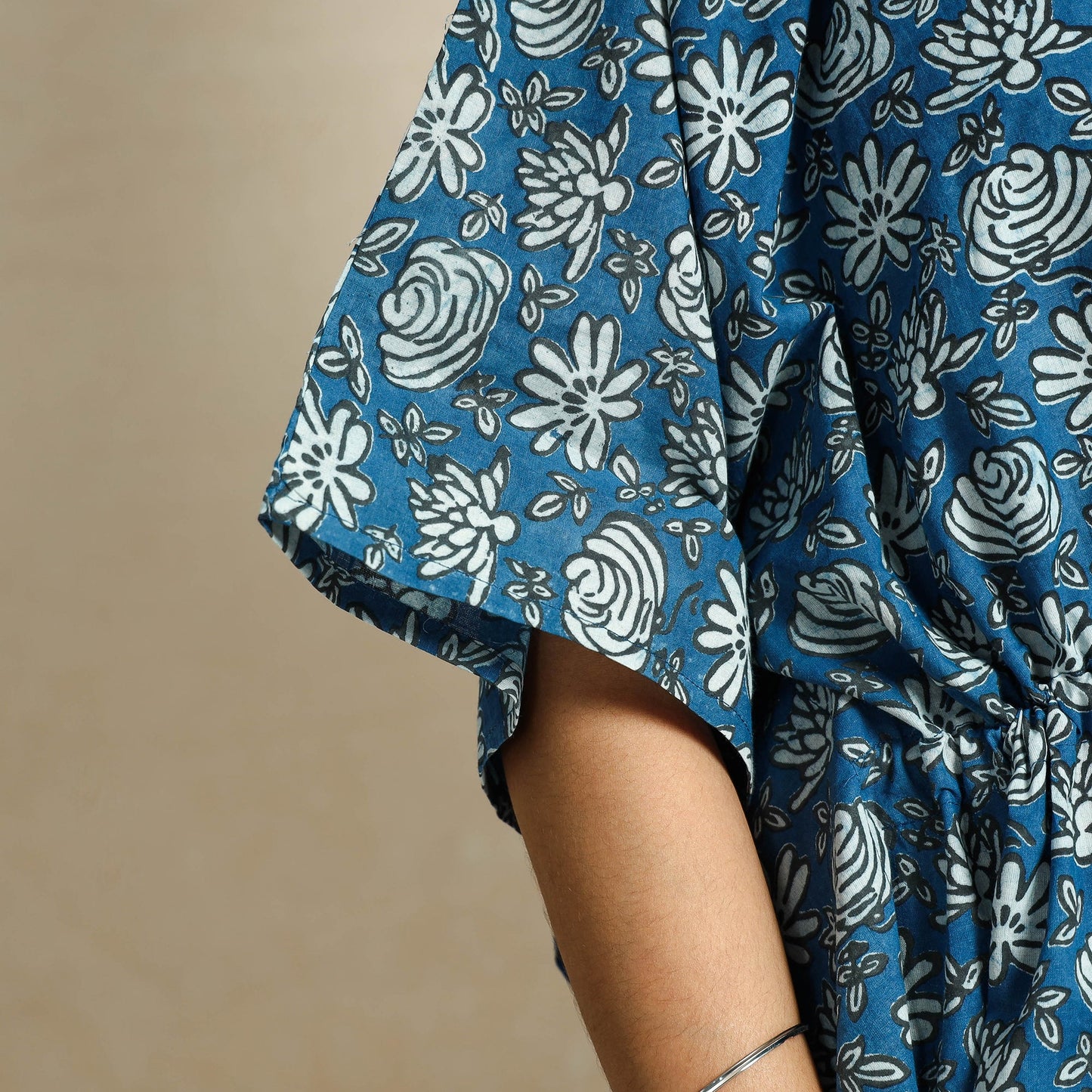 Blue Hand Block Printed Cotton Kaftan & Pyjama Night Suit Set 