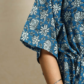 Blue Hand Block Printed Cotton Kaftan & Pyjama Night Suit Set 