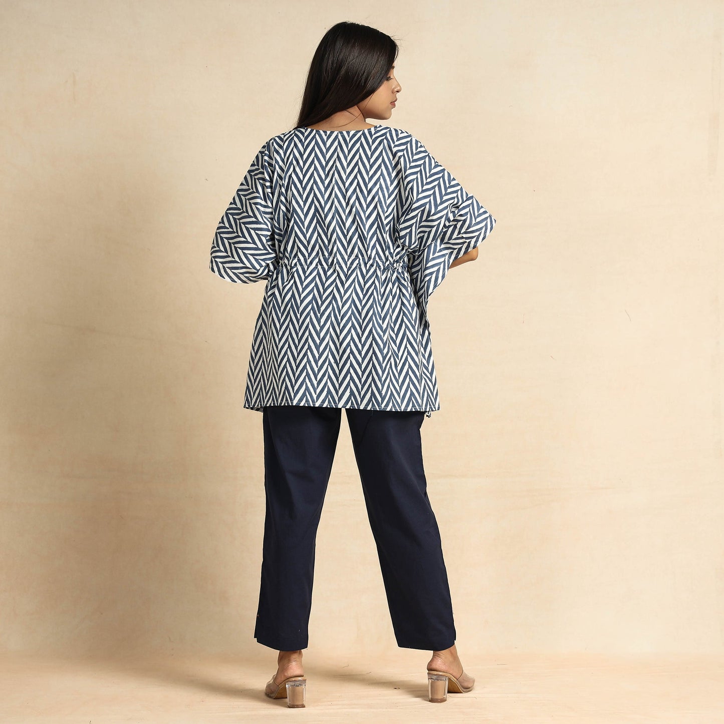 Blue Hand Block Printed Cotton Kaftan & Pyjama Night Suit Set 