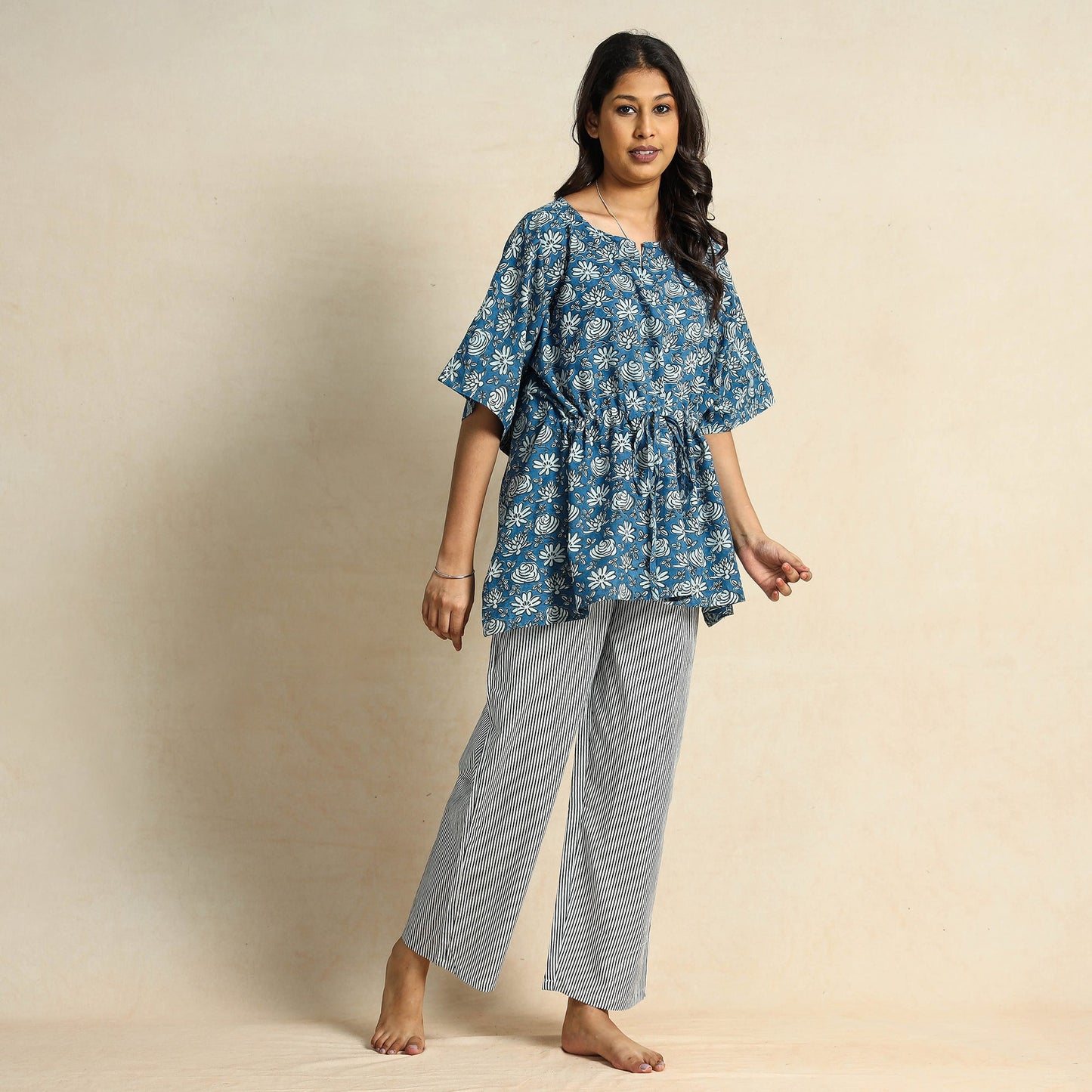 Blue Hand Block Printed Cotton Kaftan & Pyjama Night Suit Set 