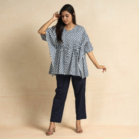 Blue Hand Block Printed Cotton Kaftan & Pyjama Night Suit Set 