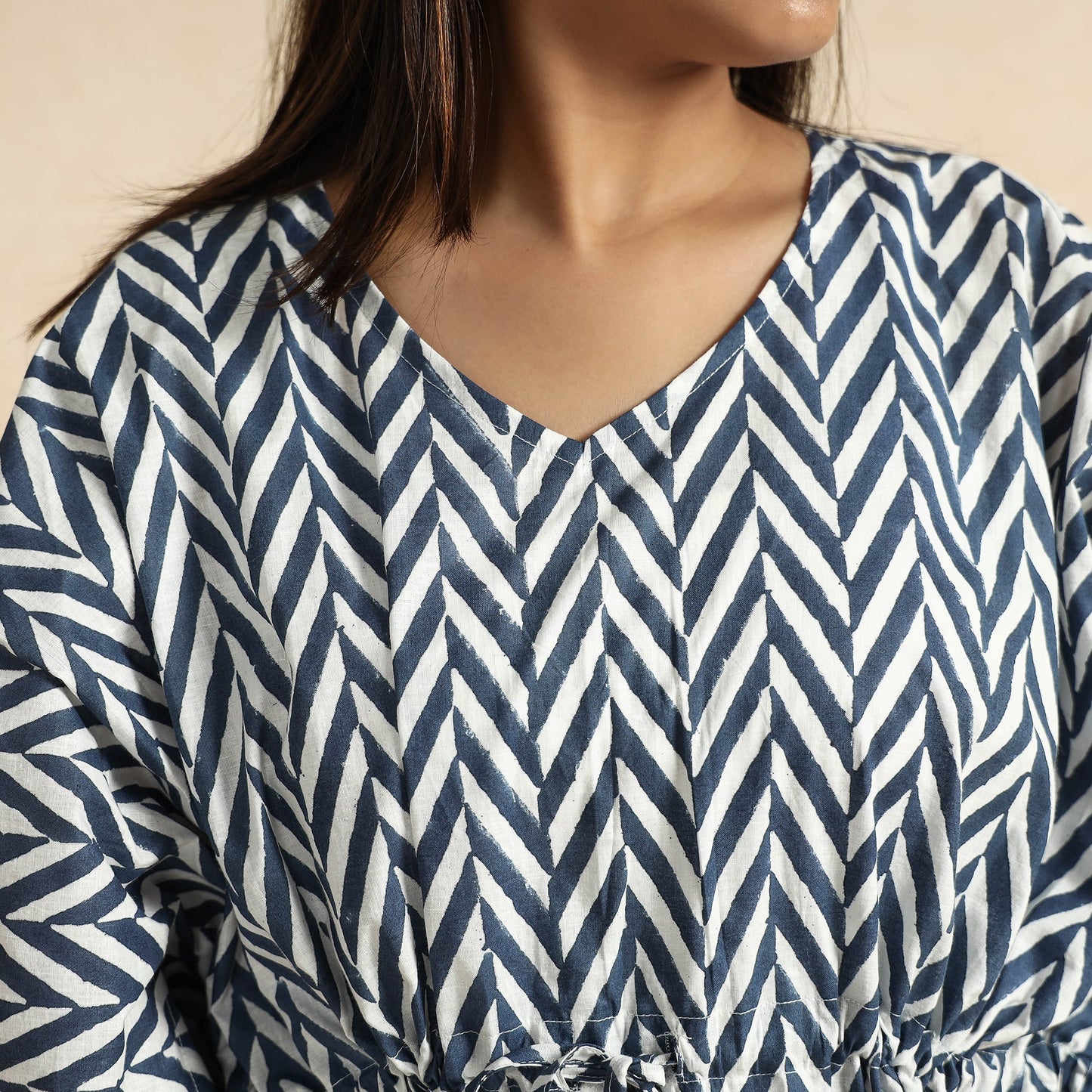 Blue Hand Block Printed Cotton Kaftan & Pyjama Night Suit Set 