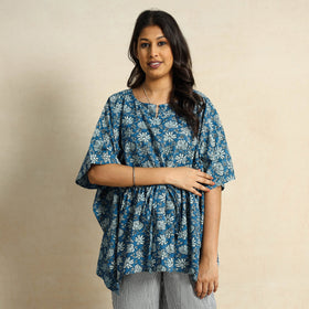 Blue Hand Block Printed Cotton Kaftan & Pyjama Night Suit Set 