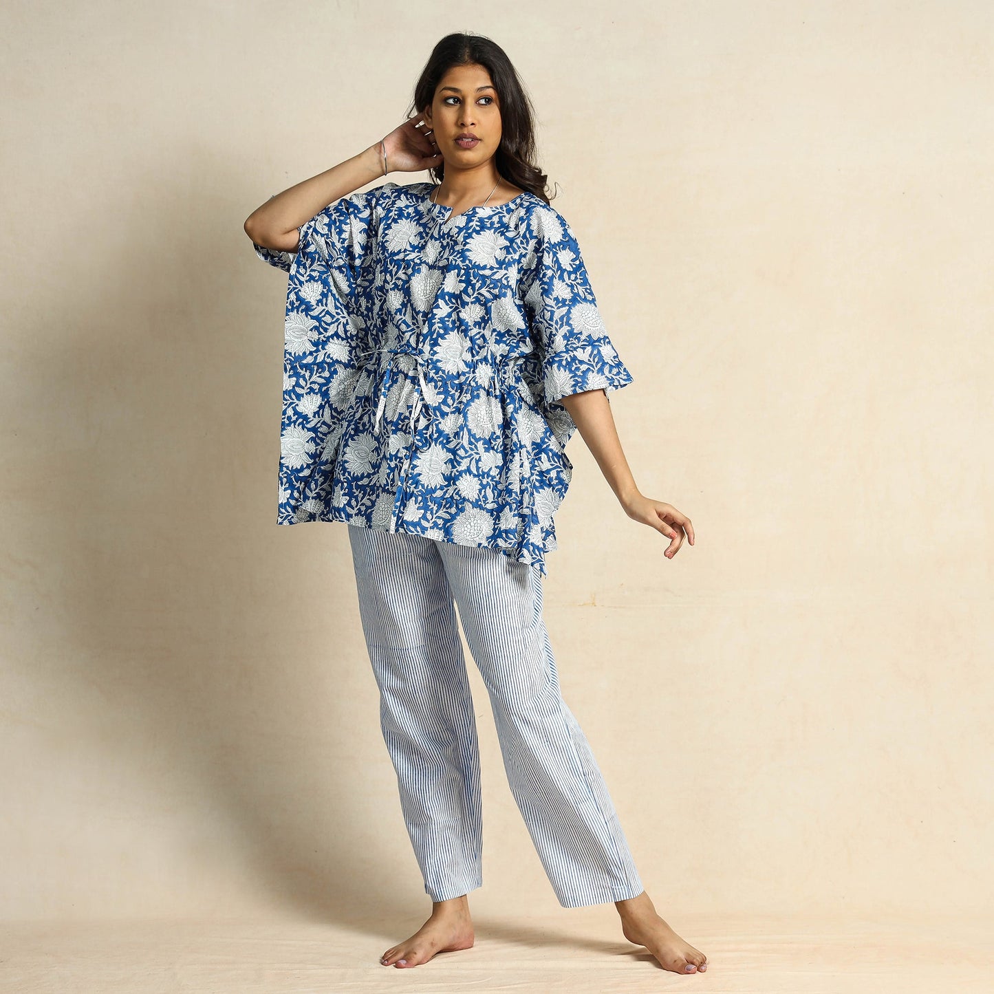 Blue Hand Block Printed Cotton Kaftan & Pyjama Night Suit Set 