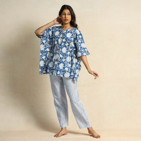 Blue Hand Block Printed Cotton Kaftan & Pyjama Night Suit Set 