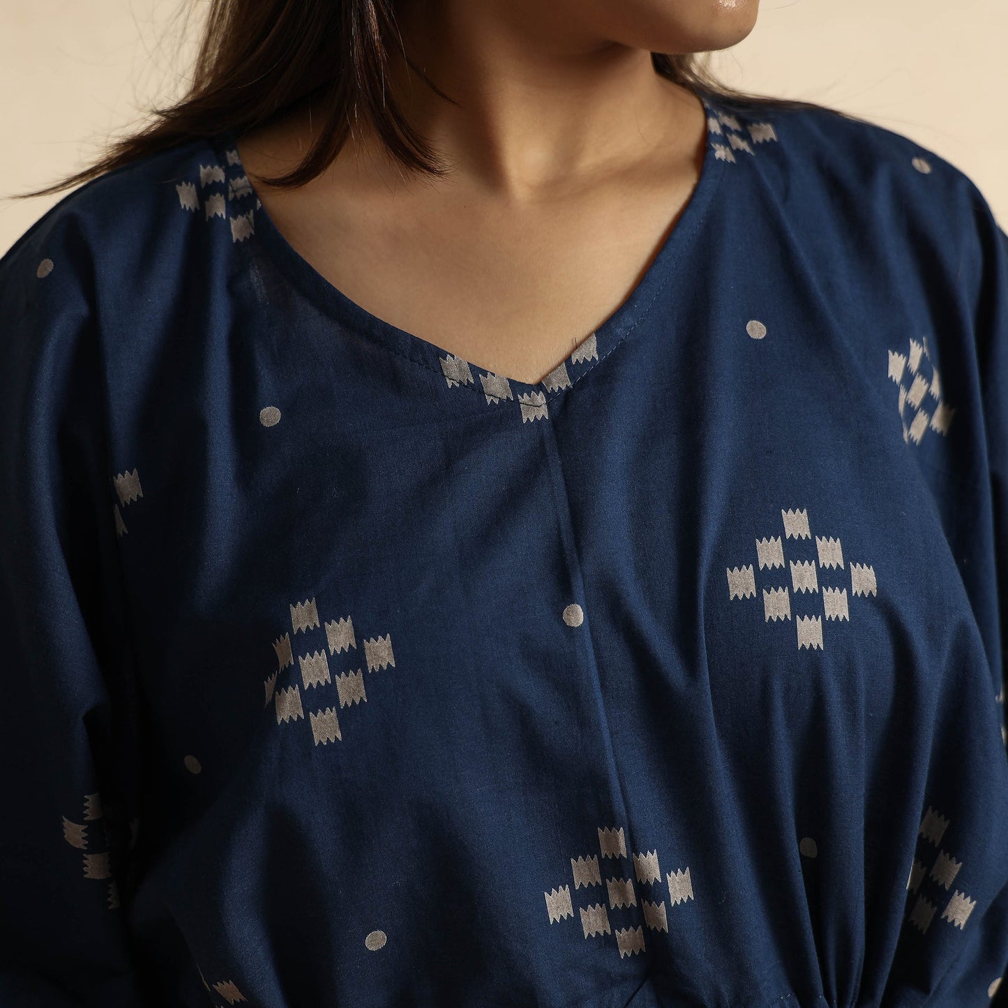 Blue Hand Printed Cotton Kaftan & Pyjama Night Suit Set 