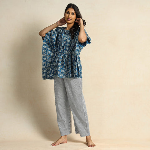 Blue Hand Block Printed Cotton Kaftan & Pyjama Night Suit Set 