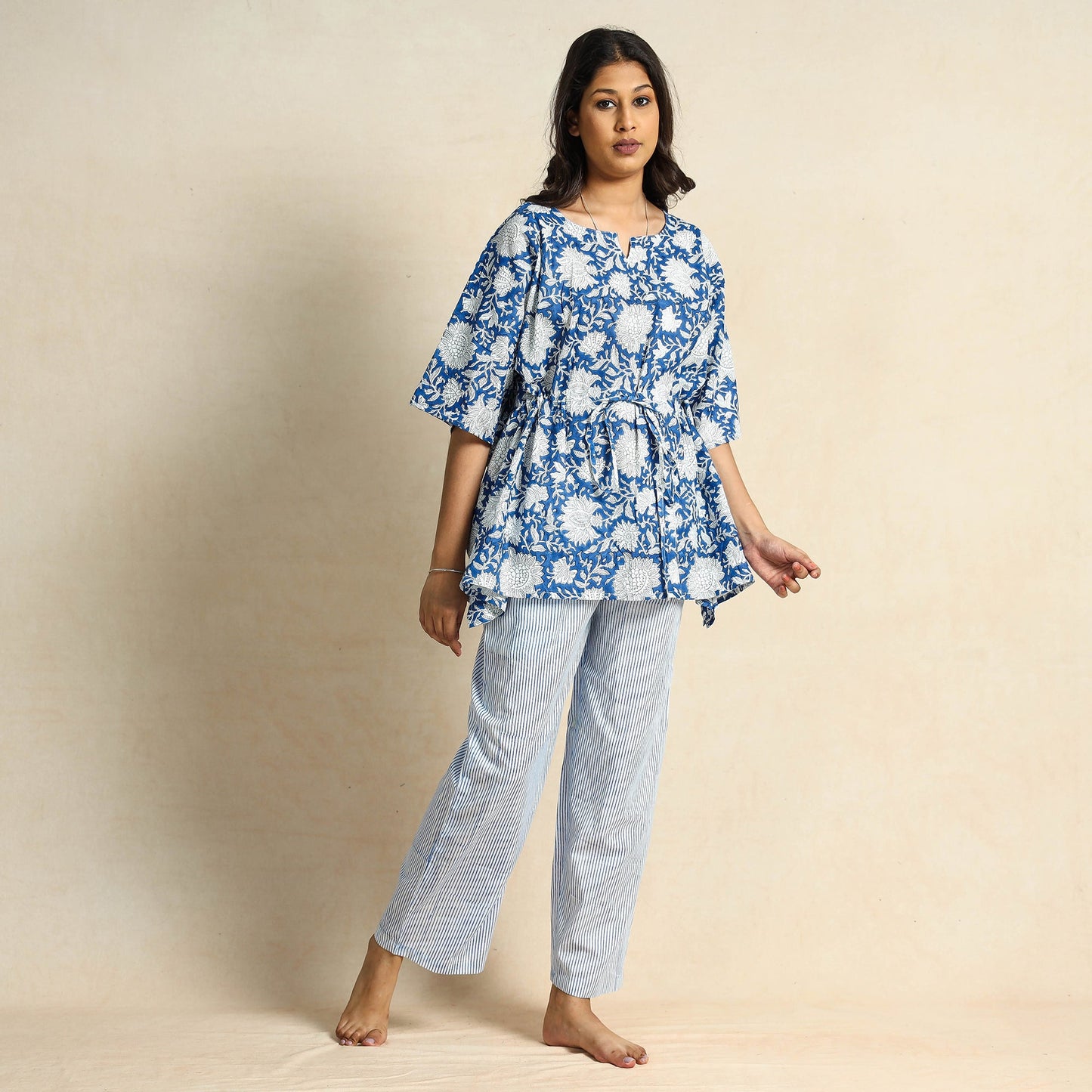 Blue Hand Block Printed Cotton Kaftan & Pyjama Night Suit Set 