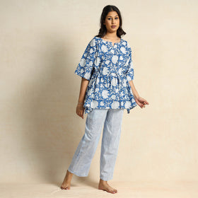 Blue Hand Block Printed Cotton Kaftan & Pyjama Night Suit Set 