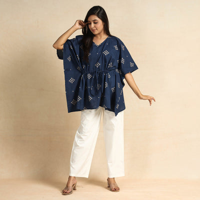 Blue Hand Printed Cotton Kaftan & Pyjama Night Suit Set 