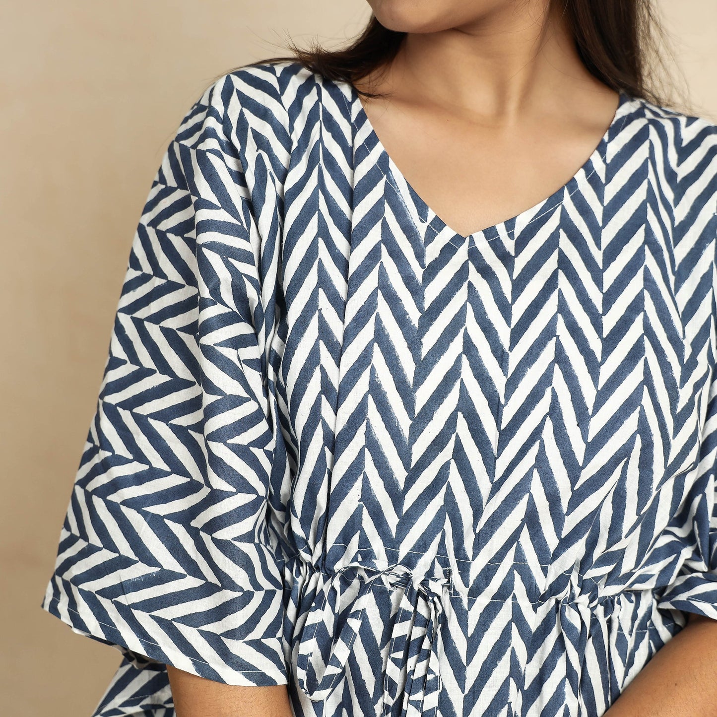 Blue Hand Block Printed Cotton Kaftan & Pyjama Night Suit Set 