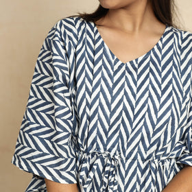 Blue Hand Block Printed Cotton Kaftan & Pyjama Night Suit Set 