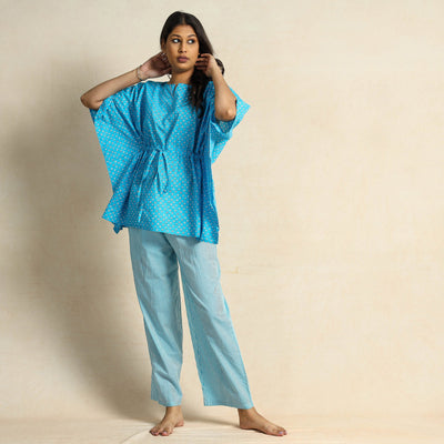  Hand Block Printed Cotton Kaftan & Pyjama Night Suit Set 
