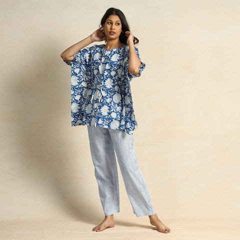 Blue Hand Block Printed Cotton Kaftan & Pyjama Night Suit Set 