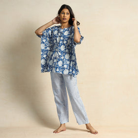 Blue Hand Block Printed Cotton Kaftan & Pyjama Night Suit Set 