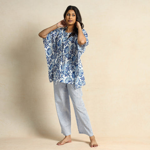 Blue Hand Block Printed Cotton Kaftan & Pyjama Night Suit Set 