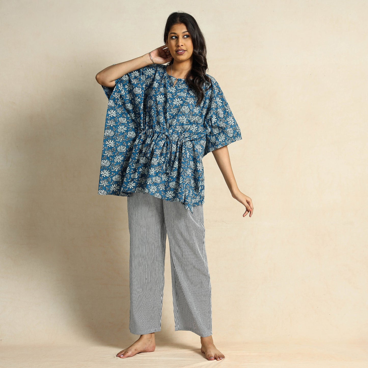Blue Hand Block Printed Cotton Kaftan & Pyjama Night Suit Set 
