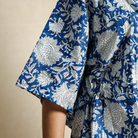 Blue Hand Block Printed Cotton Kaftan & Pyjama Night Suit Set 