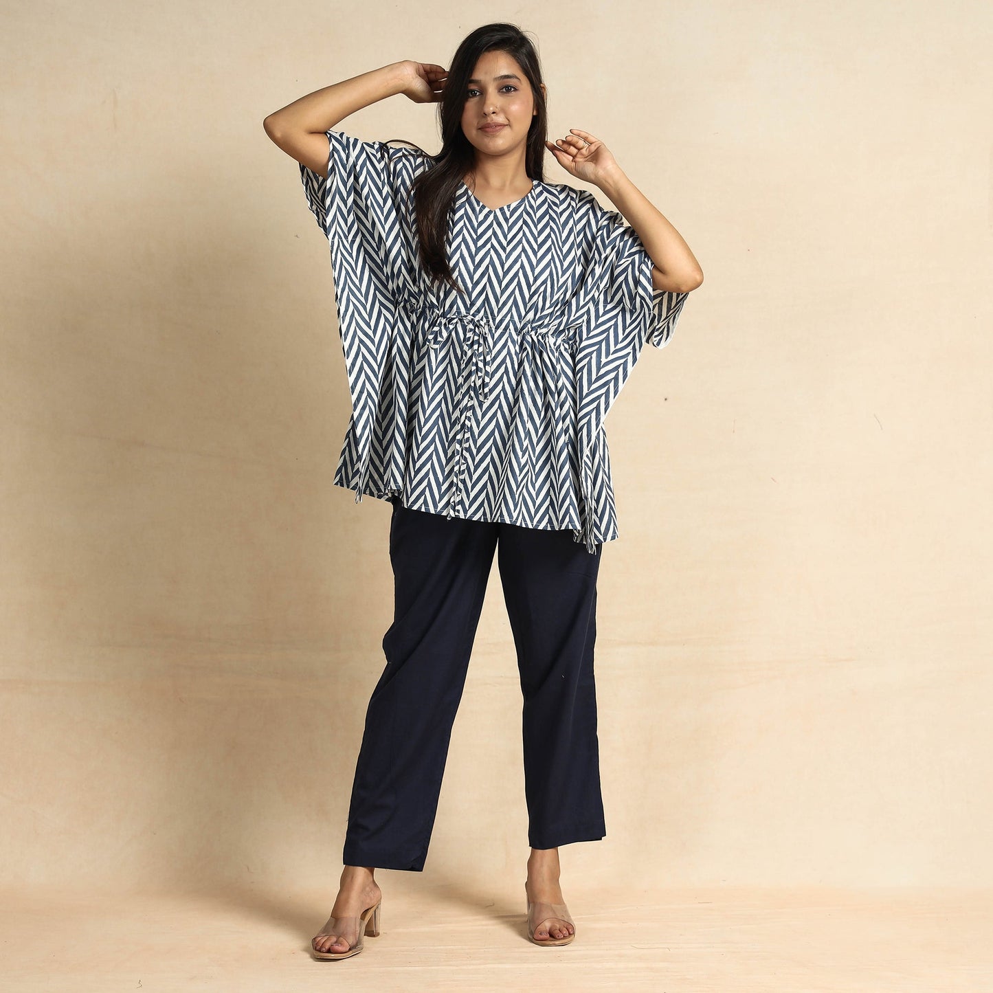 Blue Hand Block Printed Cotton Kaftan & Pyjama Night Suit Set 